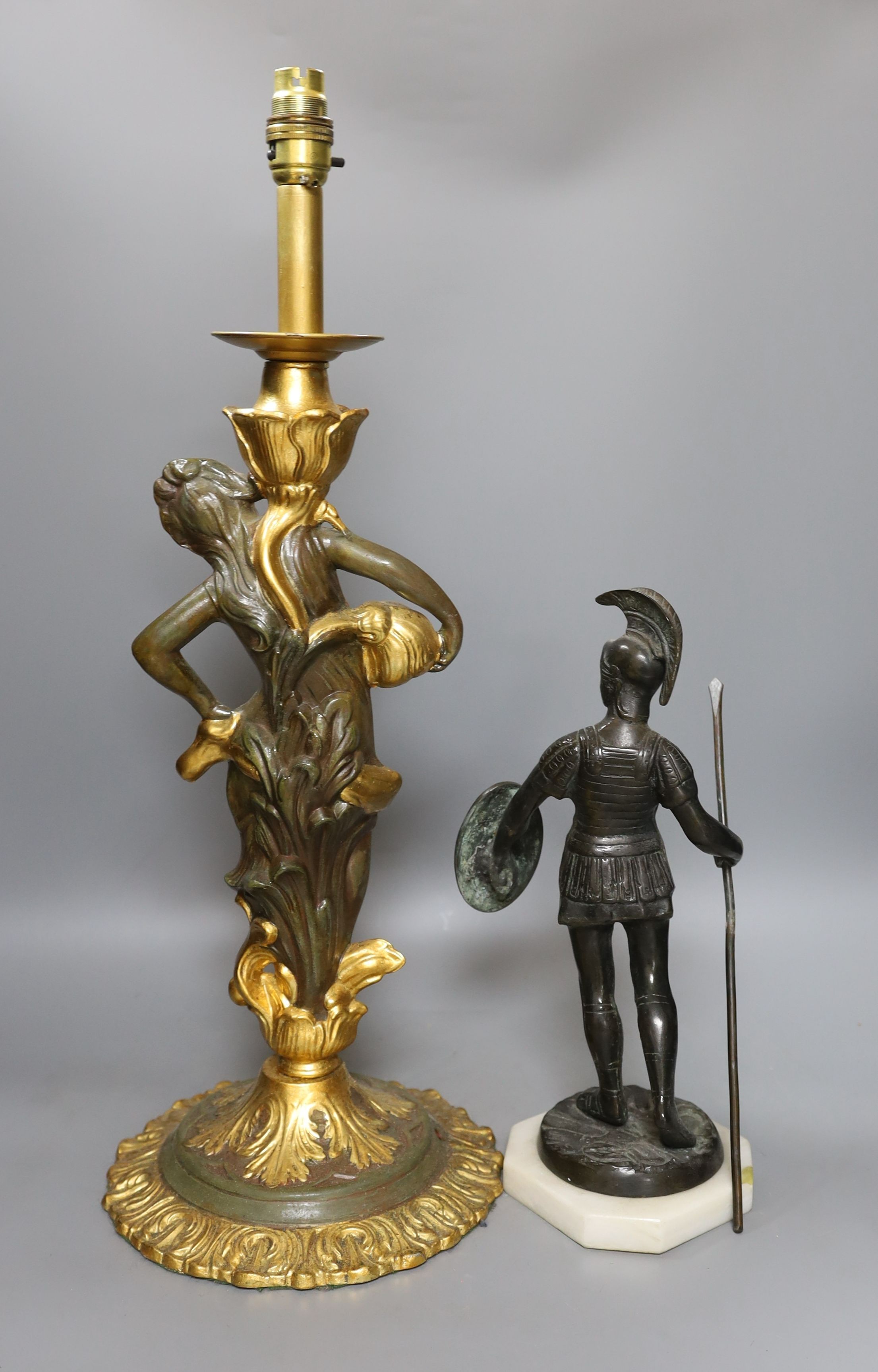 A bronze Roman gladiator and gilt figural lamp - tallest 58cm